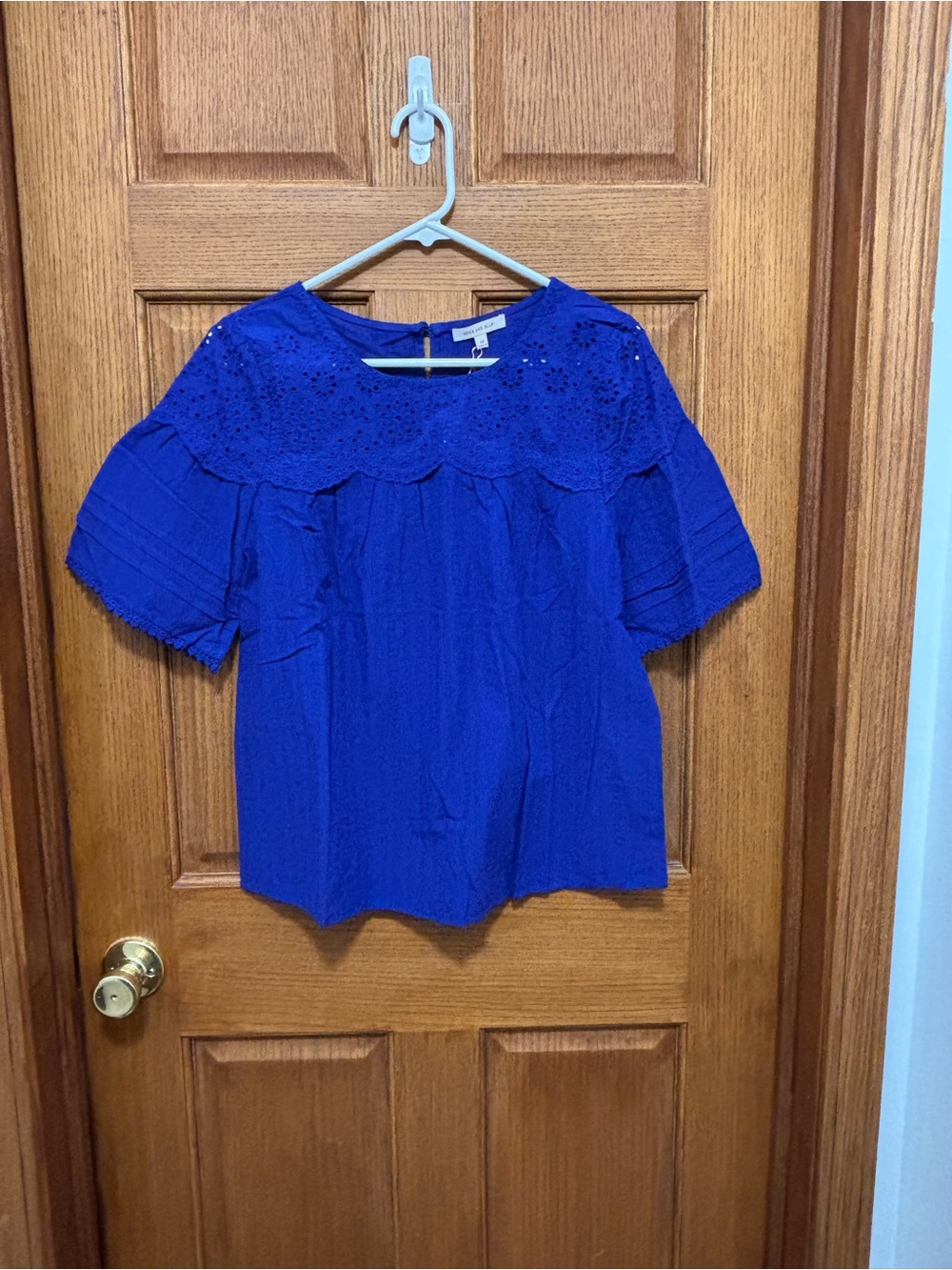 Skies Are Blue Eyelet Yoke Short Sleeve Top - Royal Blue